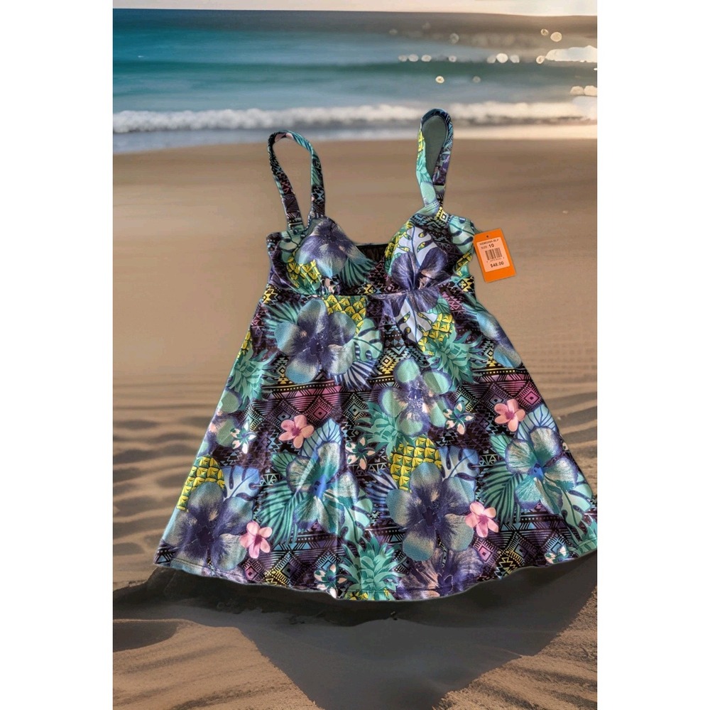 Noon Swim Womens Tankini Dress One Piece Aqua Tropical Floral NSMD095-BLF Sz 10